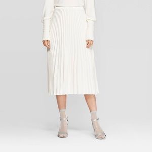 Cream Pleated Midi Skirt With Elastic Waist